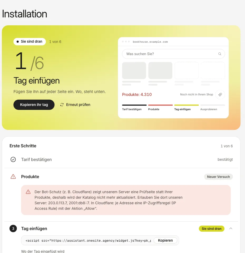 Der Bereich „Installation“ mit einem roten Hinweis, dass der Bot-Schutz unserem Server eine Prüfseite zeigt, und den Adressen, die freizugeben sind.