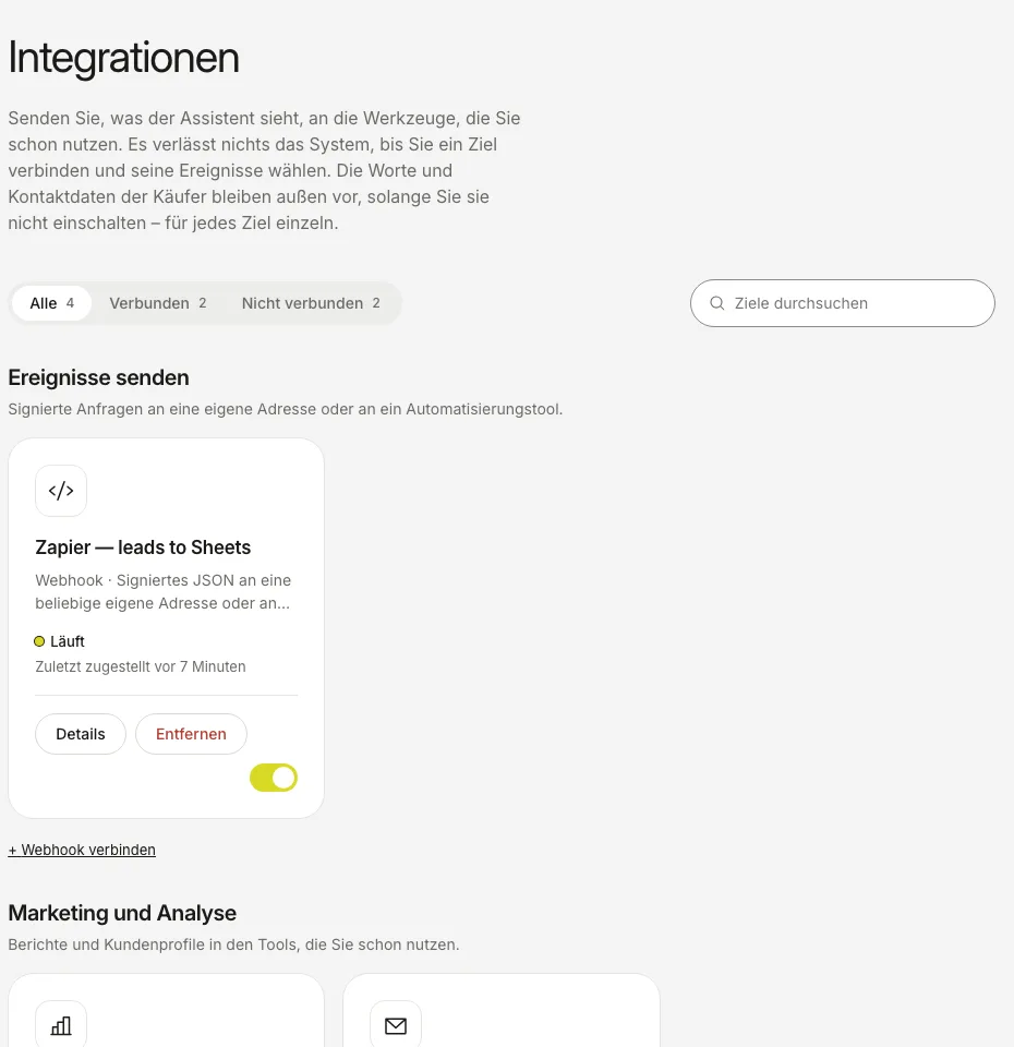 Der Bereich „Integrationen“ mit einem verbundenen Webhook, der „Funktioniert“ und die Zeit der letzten Zustellung zeigt.