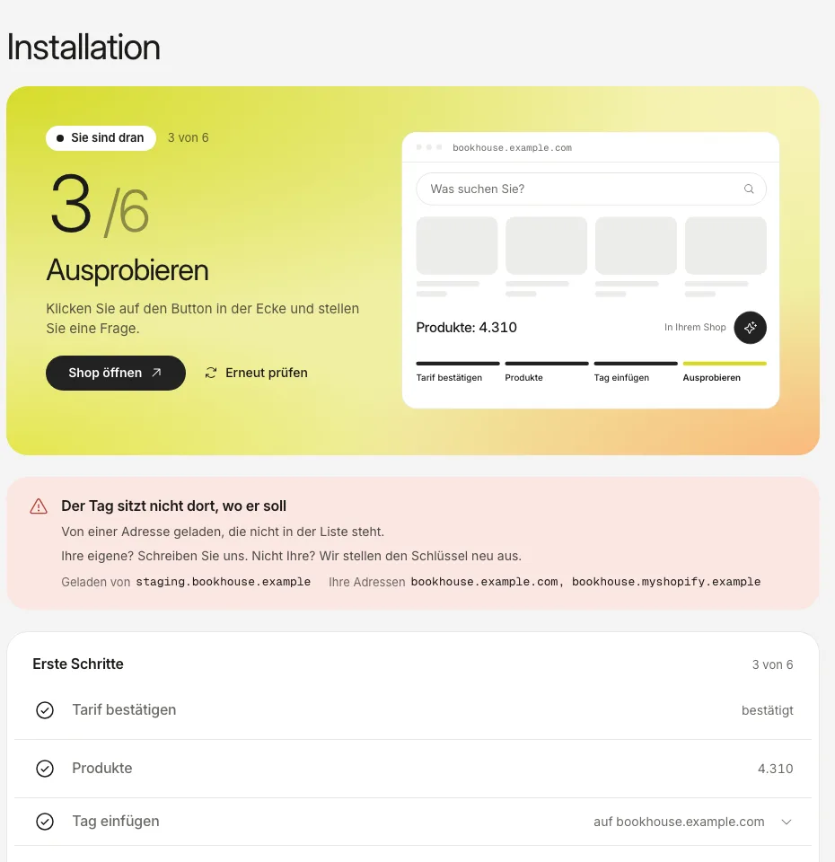 Der Bereich „Installation“ mit einem roten Hinweis, dass der Tag von einer Adresse geladen wird, die nicht auf Ihrer Liste steht.