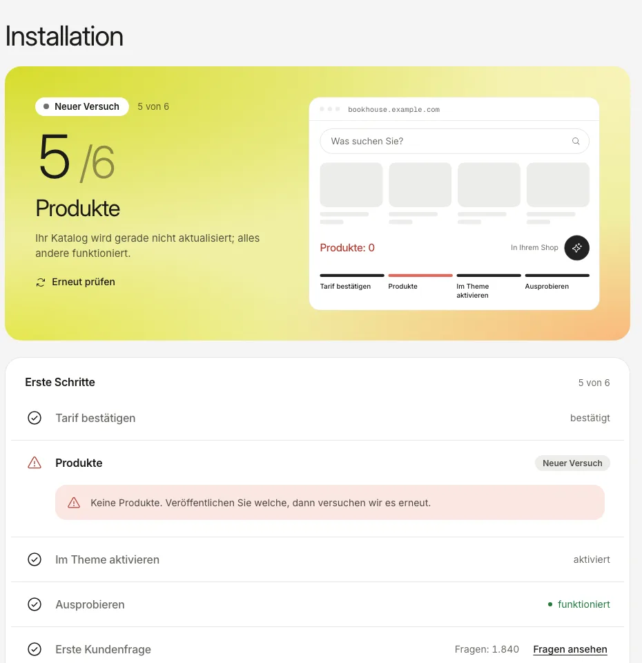 Der Bereich „Installation“ mit dem roten Schritt „Produkte“ und der Meldung, dass keine Produkte gefunden wurden.