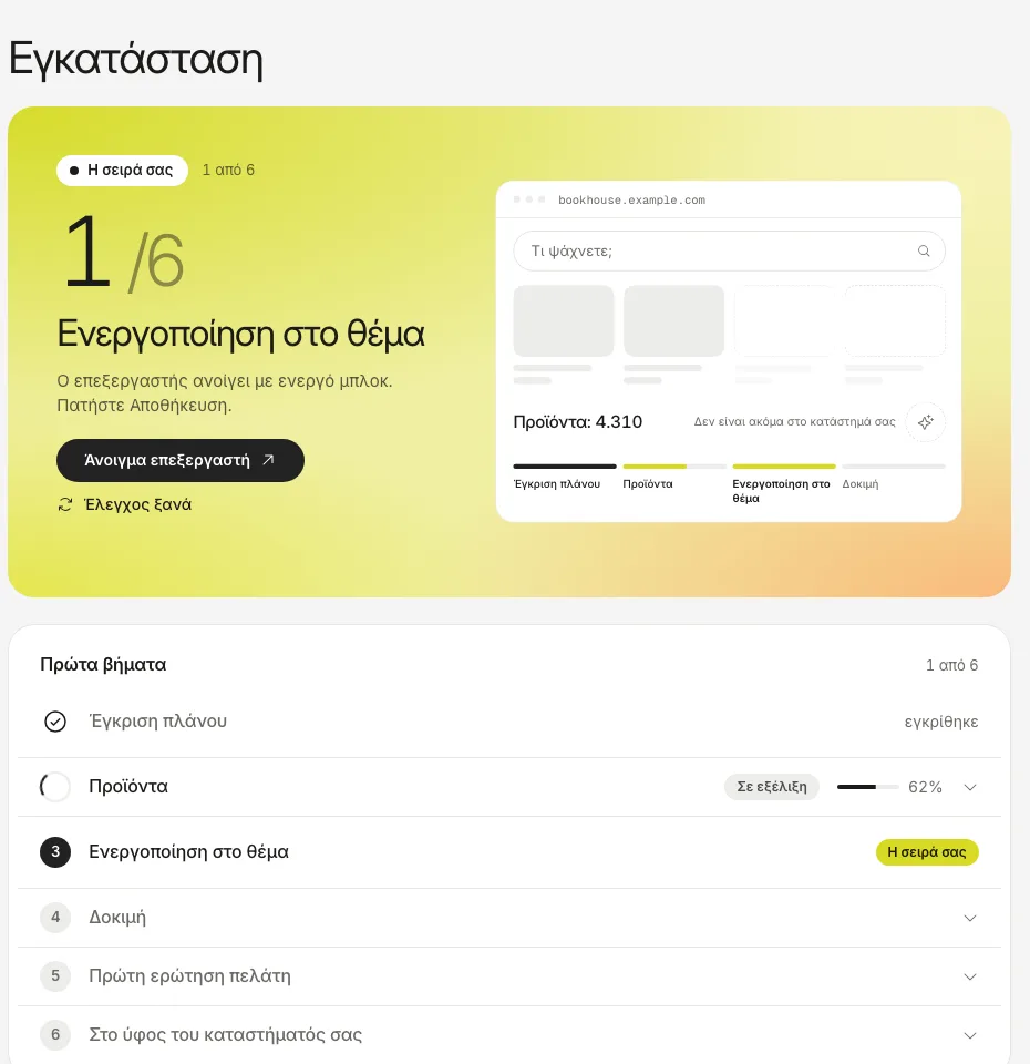 Η καρτέλα Εγκατάσταση: το βήμα ενεργοποίησης της ενσωμάτωσης στο θέμα σάς περιμένει, με ένα κουμπί που ανοίγει τον επεξεργαστή του θέματος.