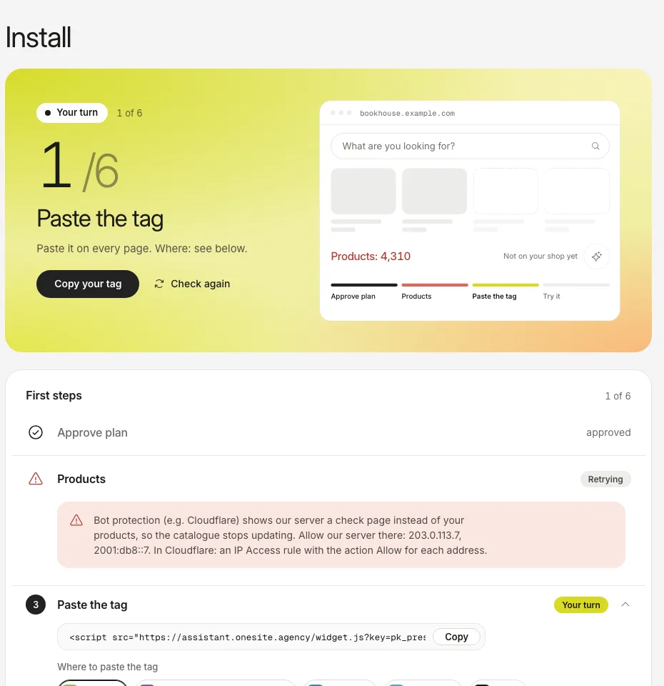 The Install tab with a red notice that bot protection shows our server a check page, and the addresses to allow.
