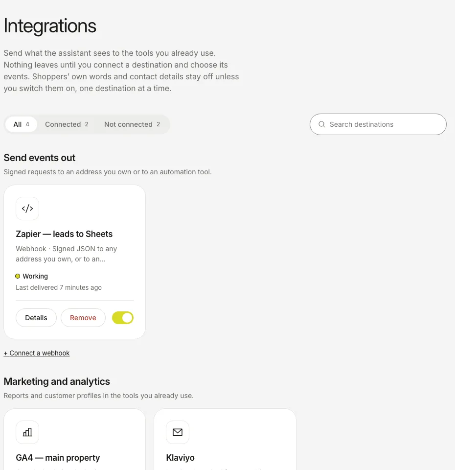 The Integrations tab with one connected webhook that shows “Working” and the time of the last delivery.