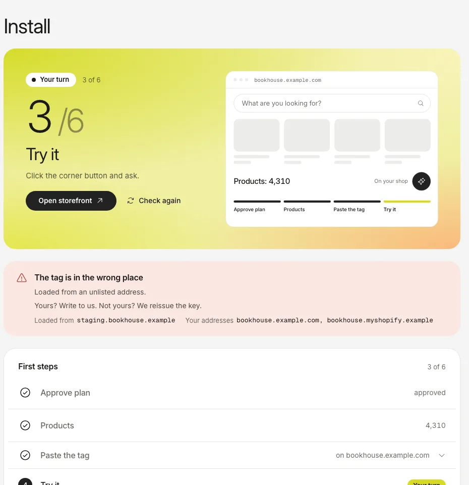 The Install tab with a red notice that the tag is loaded from an address that is not on your list.
