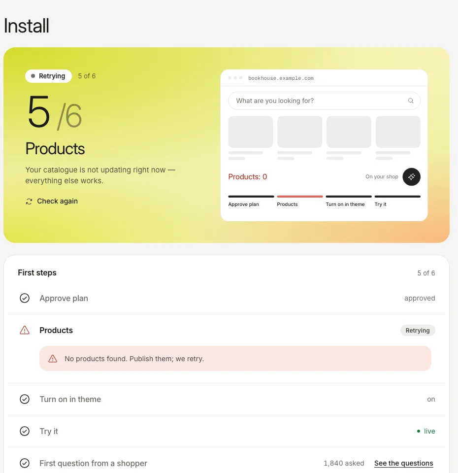 The Install tab with the Products step in red and the message that no products were found.