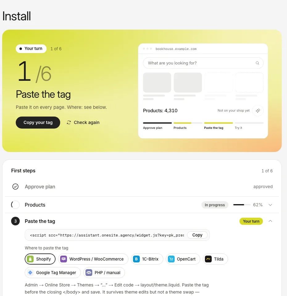 The Install tab: your tag with a Copy button and a list of platforms that say where to paste it.