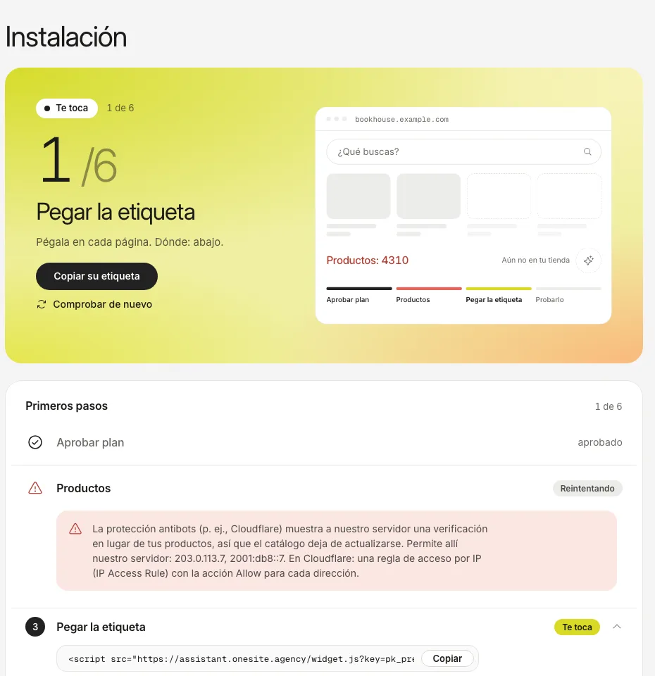 La pestaña Instalación con un aviso rojo: la protección contra bots muestra a nuestro servidor una página de verificación, y las direcciones que hay que permitir.