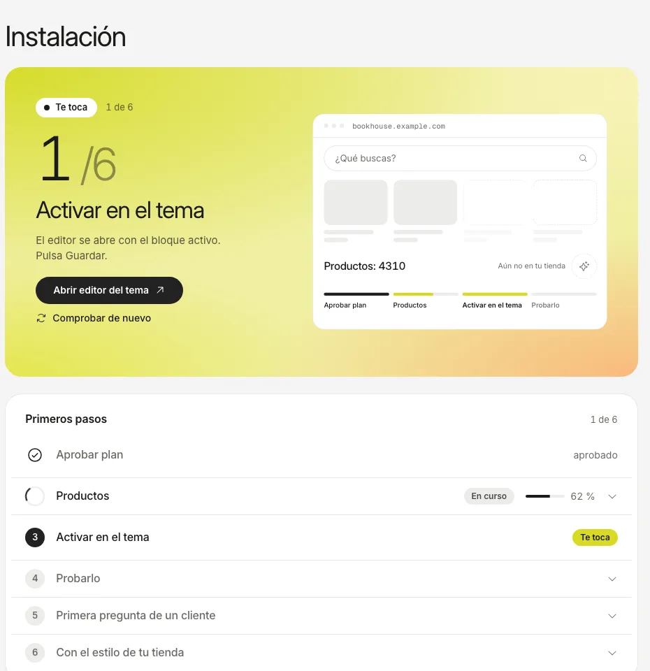 La pestaña Instalación: el paso para activar la inserción en el tema te espera, con un botón que abre el editor del tema.