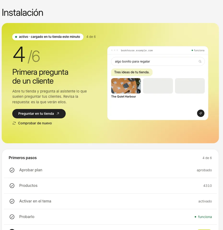 La pestaña Instalación tras la primera carga: una etiqueta verde de «en vivo» y el paso de la primera pregunta de un comprador.