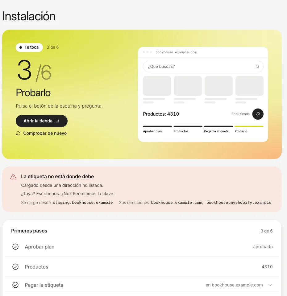 La pestaña Instalación con un aviso rojo: la etiqueta se carga desde una dirección que no está en tu lista.
