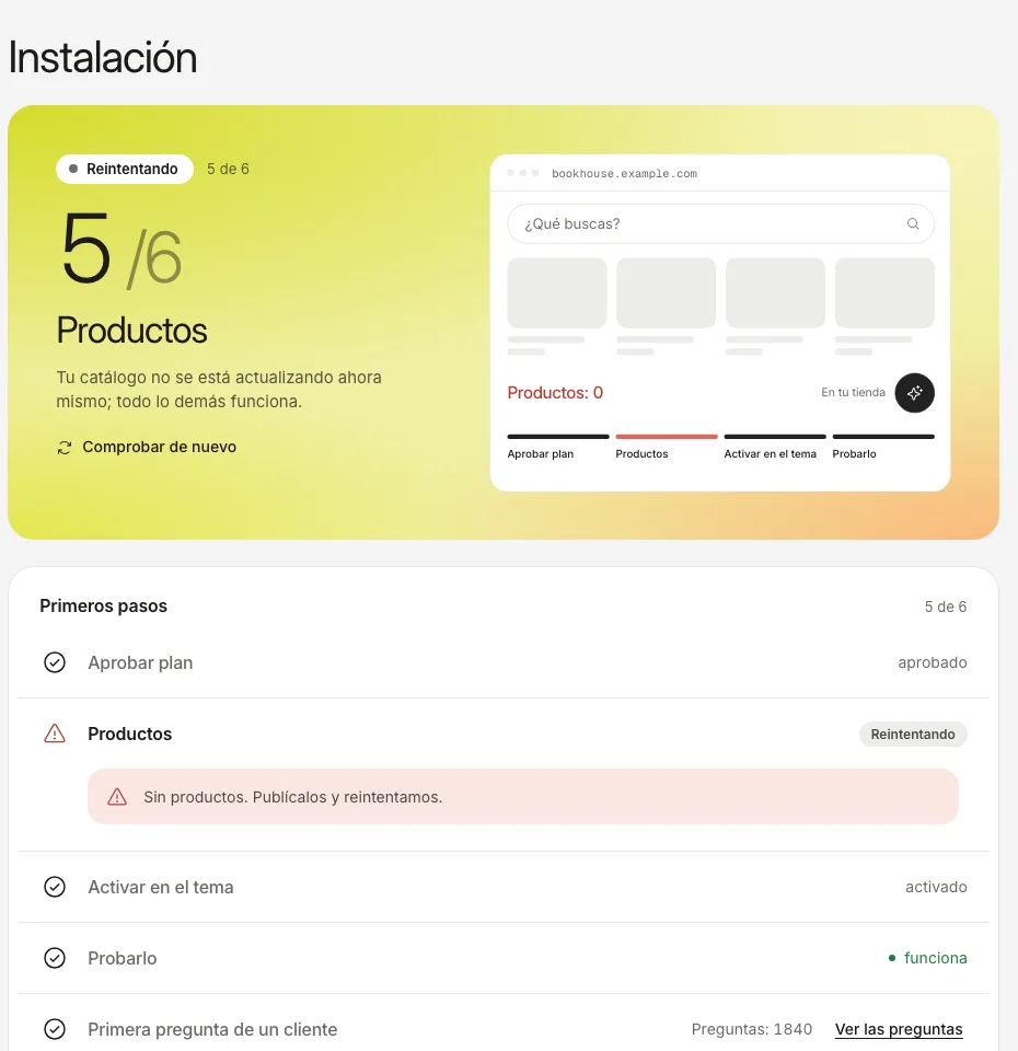 La pestaña Instalación con el paso Productos en rojo y el mensaje de que no se encontraron productos.