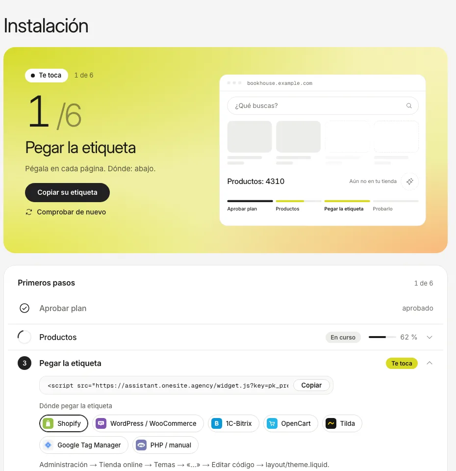 La pestaña Instalación: tu etiqueta con un botón Copiar y una lista de plataformas que dice dónde pegarla.