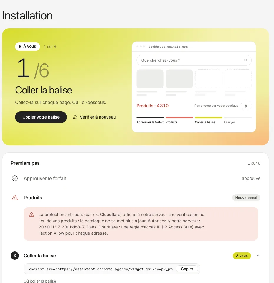 L’onglet Installation avec un avis rouge : la protection anti-bots montre à notre serveur une page de vérification, et les adresses à autoriser.