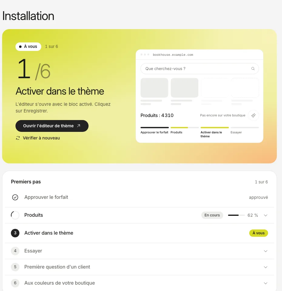 L’onglet Installation : l’étape d’activation dans le thème vous attend, avec un bouton qui ouvre l’éditeur de thème.