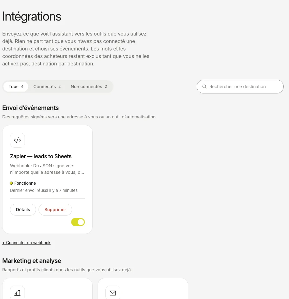 L’onglet Intégrations avec un webhook connecté qui affiche son état et l’heure de la dernière livraison.