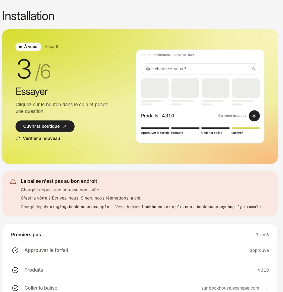 L’onglet Installation avec un avis rouge : la balise est chargée depuis une adresse absente de votre liste.
