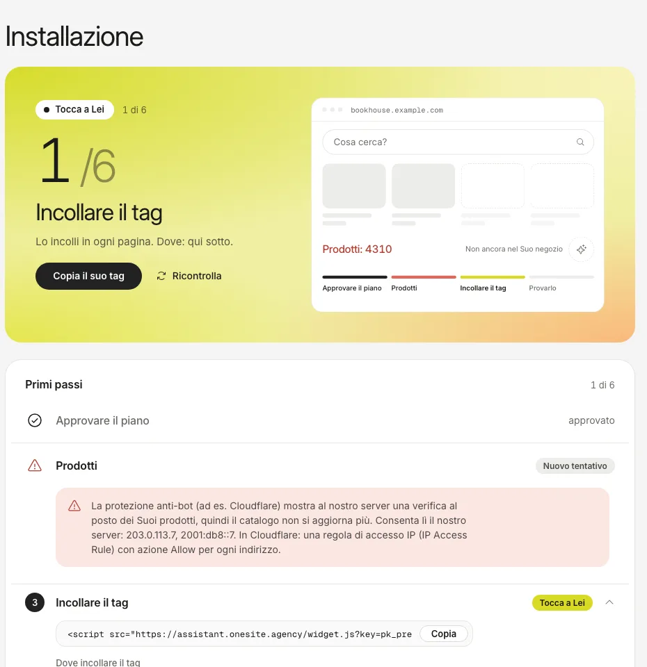 La scheda Installazione con un avviso rosso: la protezione anti-bot mostra al nostro server una pagina di verifica, e gli indirizzi da consentire.