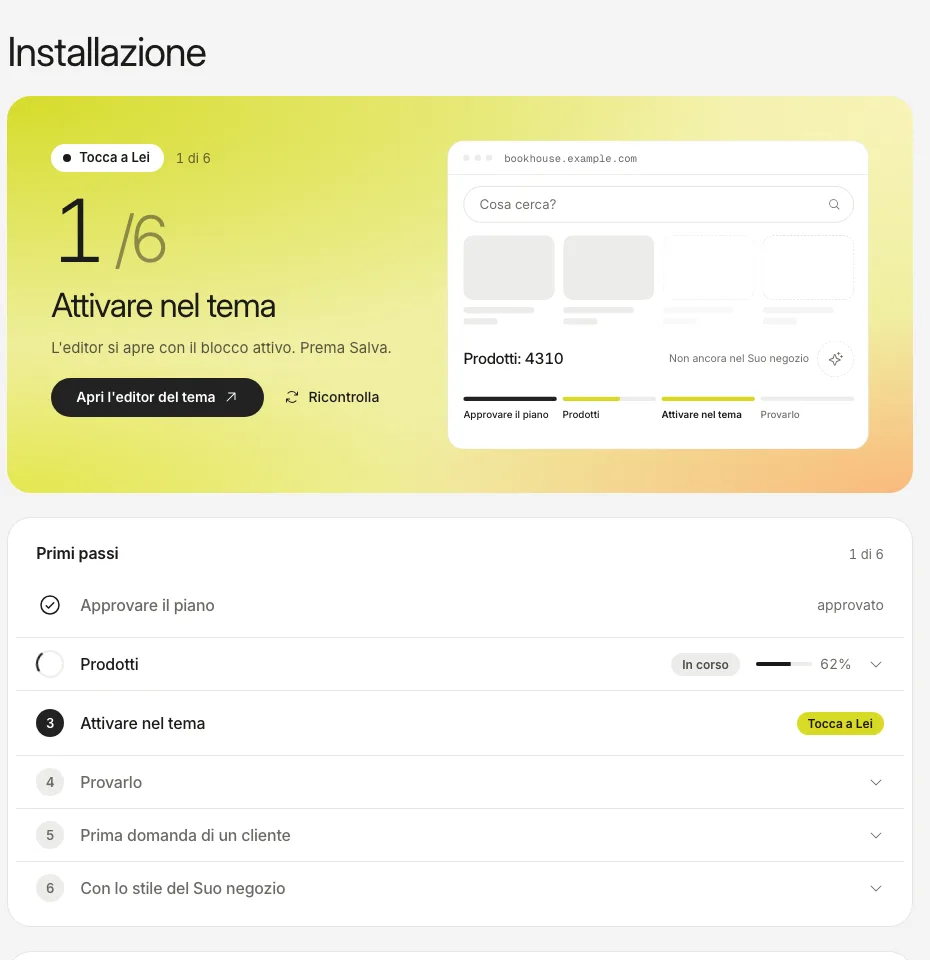 La scheda Installazione: il passaggio per attivare l’incorporamento nel tema ti aspetta, con un pulsante che apre l’editor del tema.