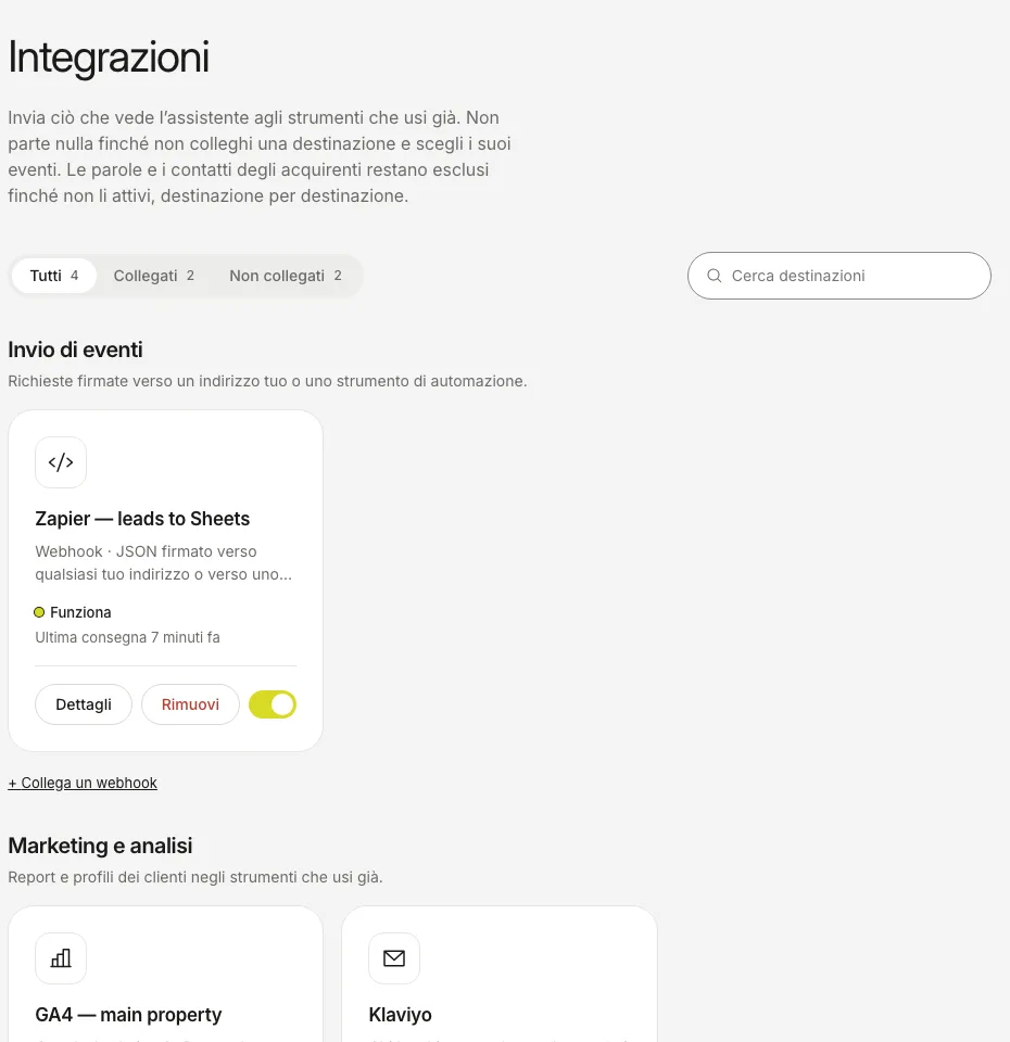 La scheda Integrazioni con un webhook collegato che mostra il suo stato e l’ora dell’ultima consegna.