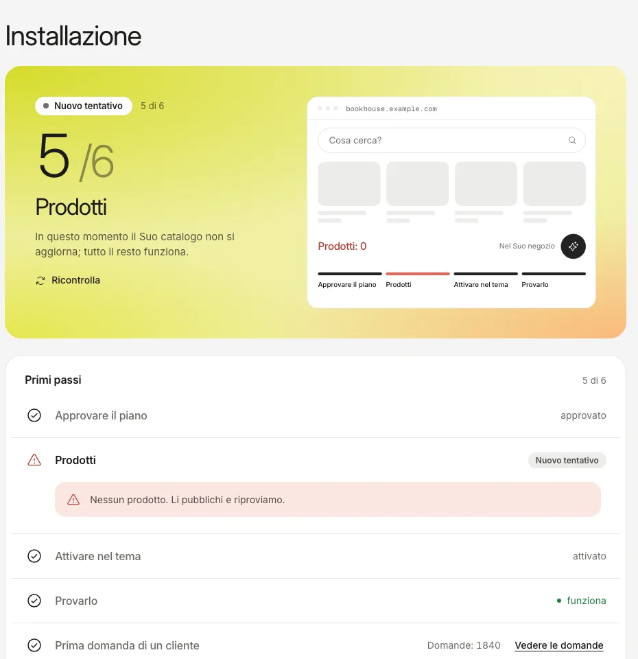 La scheda Installazione con il passaggio Prodotti in rosso e il messaggio che non sono stati trovati prodotti.