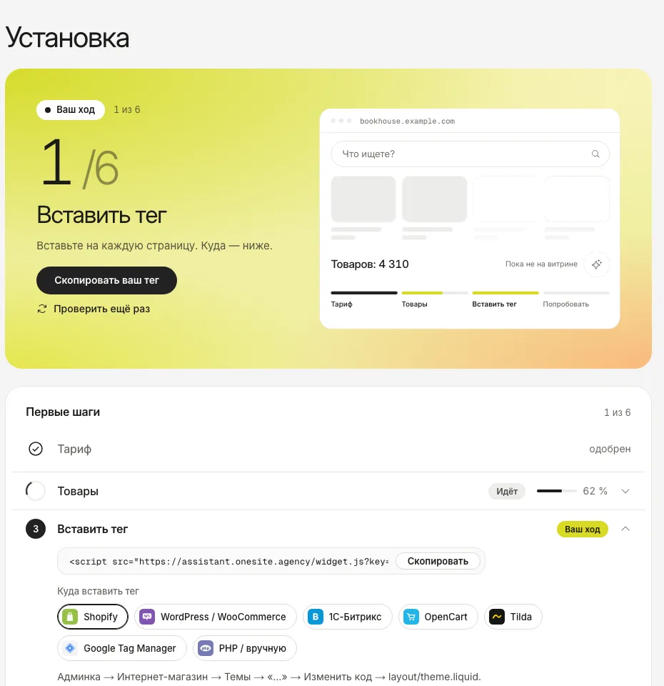 Раздел «Установка»: ваш тег с кнопкой «Скопировать» и список платформ, где сказано, куда его вставить.